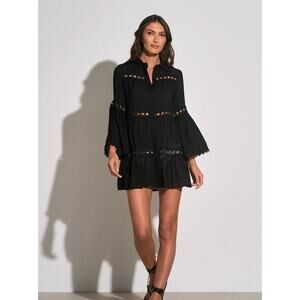 NWT Women's Size L Black Elan Eyelet Lace Bell Sleeve Button Down Cover Up Dress